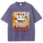Unisex Japanese Fortune Cat Printed Washed Tee
