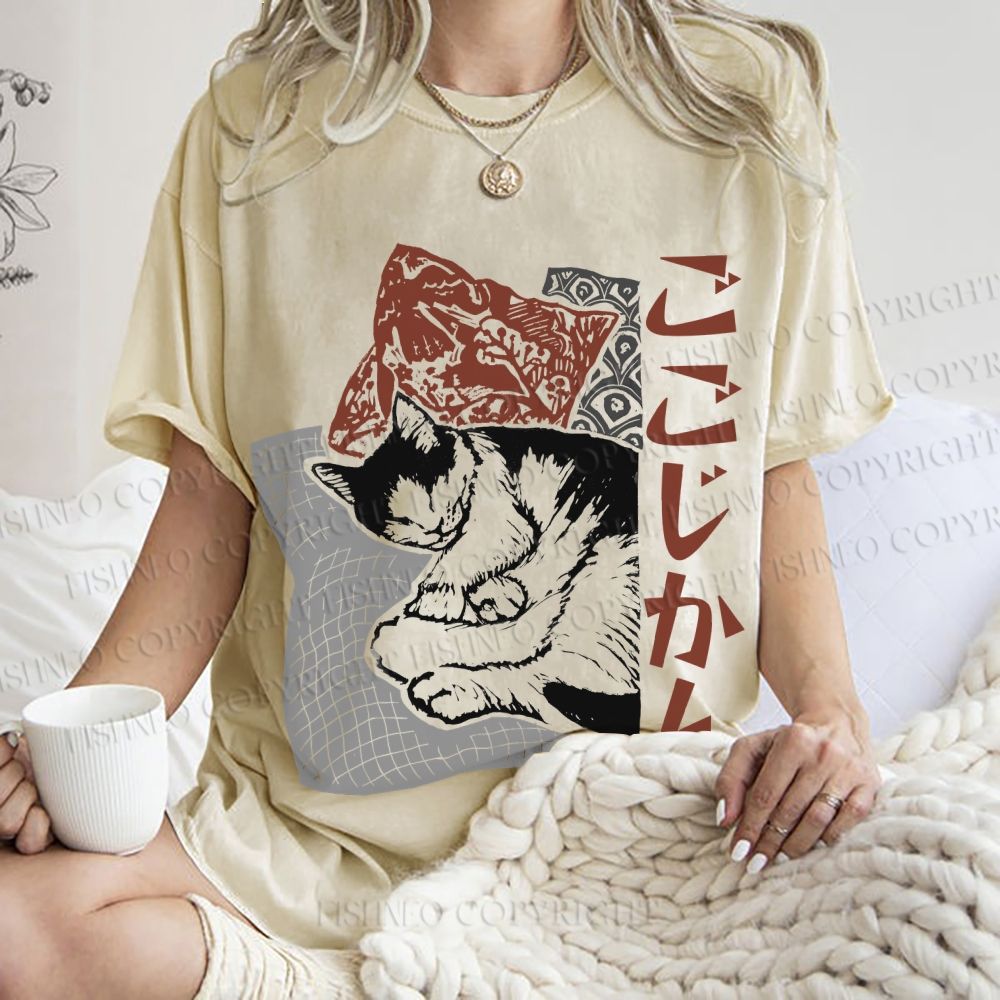 Unisex Sleeping Cat Printed Washed Tee