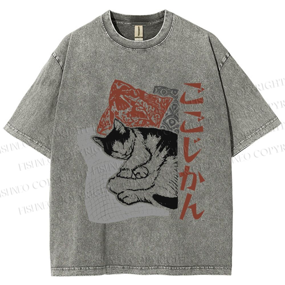 Unisex Sleeping Cat Printed Washed Tee