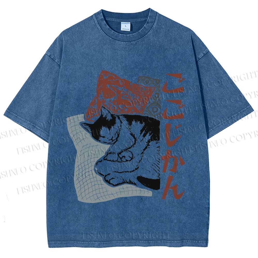 Unisex Sleeping Cat Printed Washed Tee