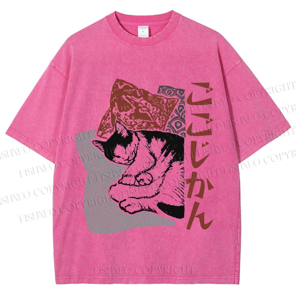 Unisex Sleeping Cat Printed Washed Tee