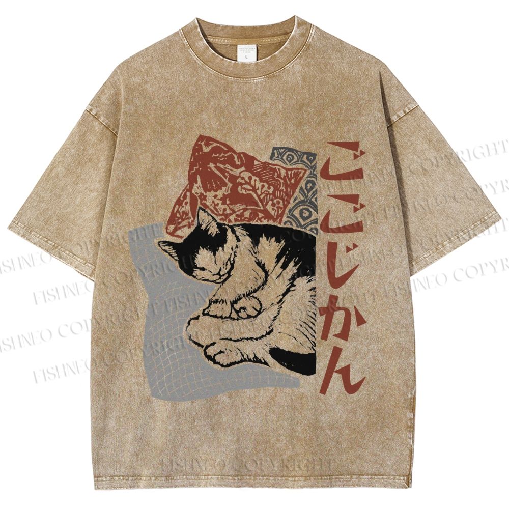 Unisex Sleeping Cat Printed Washed Tee