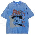 Unisex Sleeping Cat Printed Washed Tee