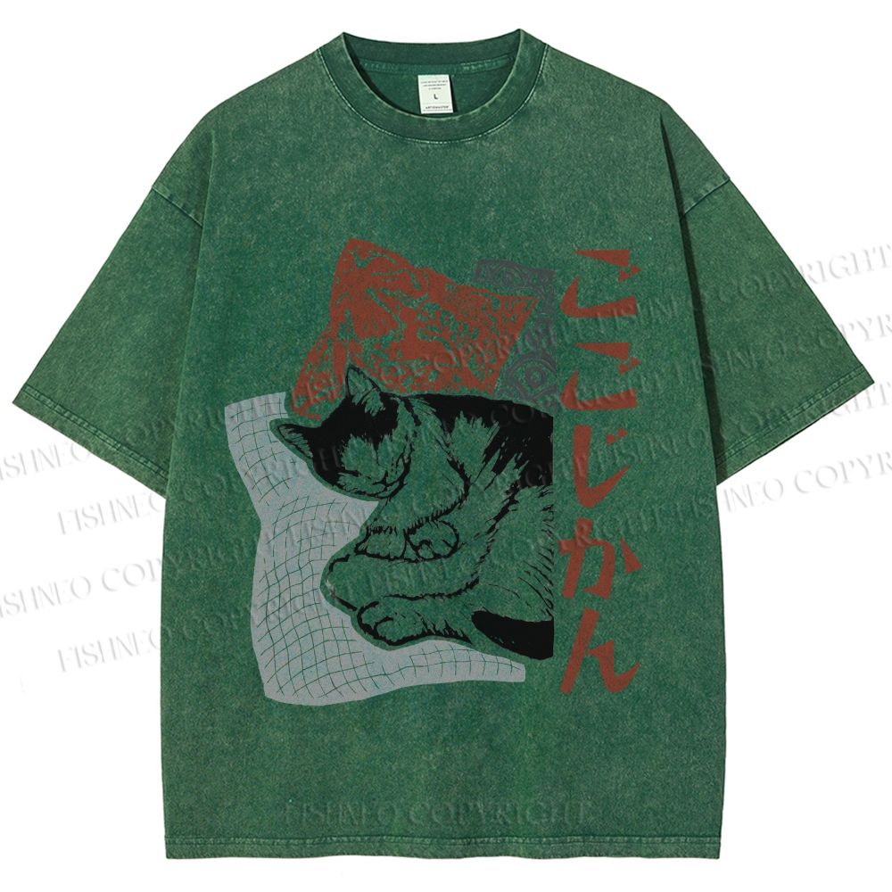 Unisex Sleeping Cat Printed Washed Tee