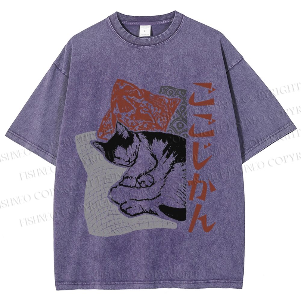 Unisex Sleeping Cat Printed Washed Tee