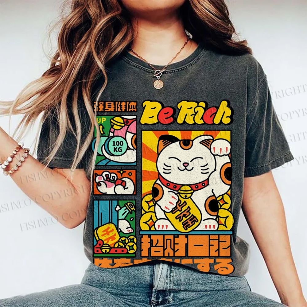 Unisex Cartoon Fortune Cat Printed Washed Tee