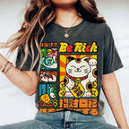 Unisex Cartoon Fortune Cat Printed Washed Tee