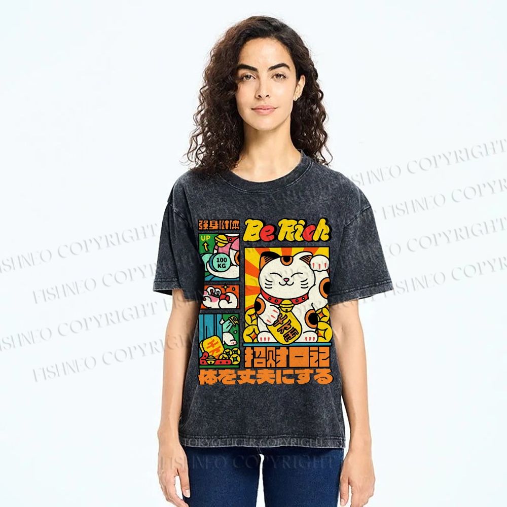 Unisex Cartoon Fortune Cat Printed Washed Tee