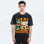Unisex Cartoon Fortune Cat Printed Washed Tee