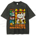Unisex Cartoon Fortune Cat Printed Washed Tee
