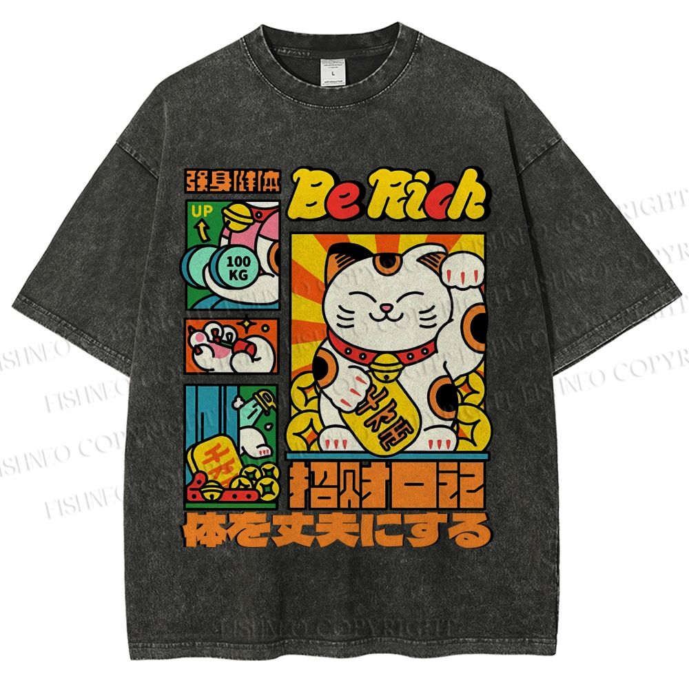 Unisex Cartoon Fortune Cat Printed Washed Tee