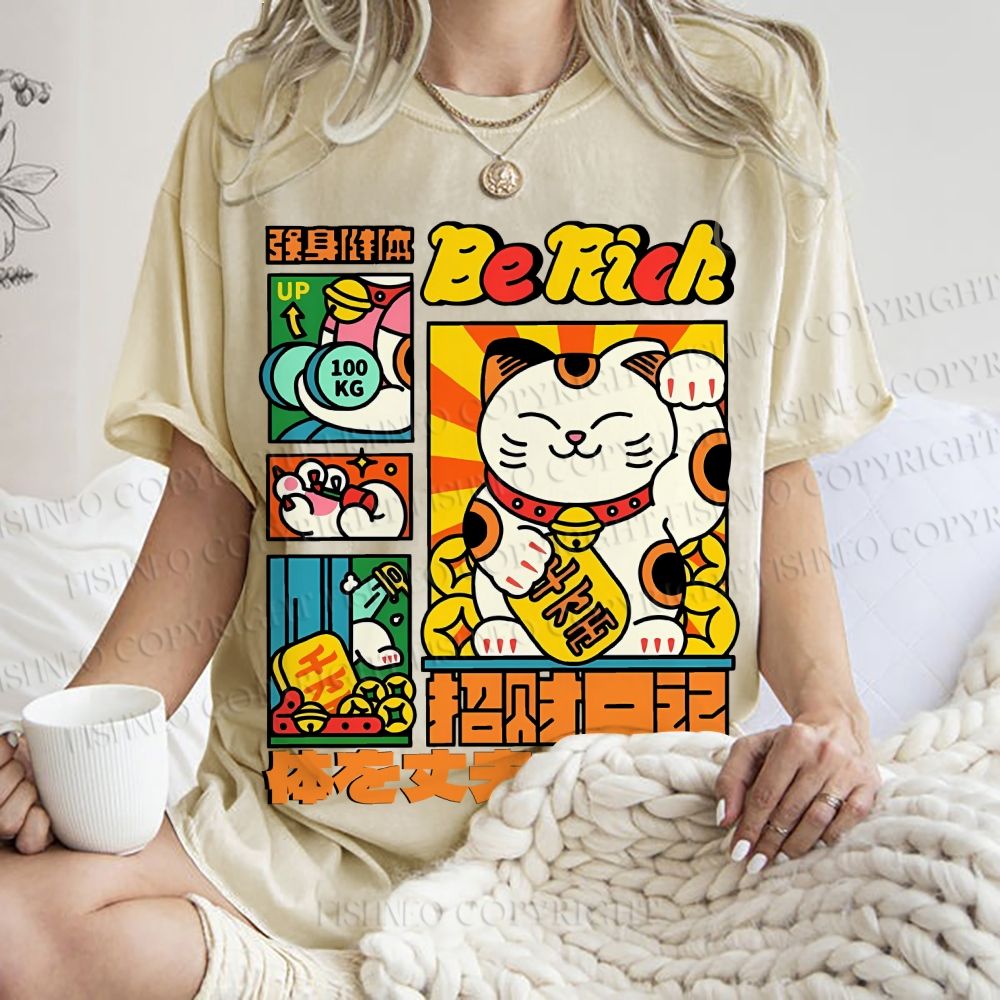 Unisex Cartoon Fortune Cat Printed Washed Tee
