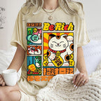Unisex Cartoon Fortune Cat Printed Washed Tee