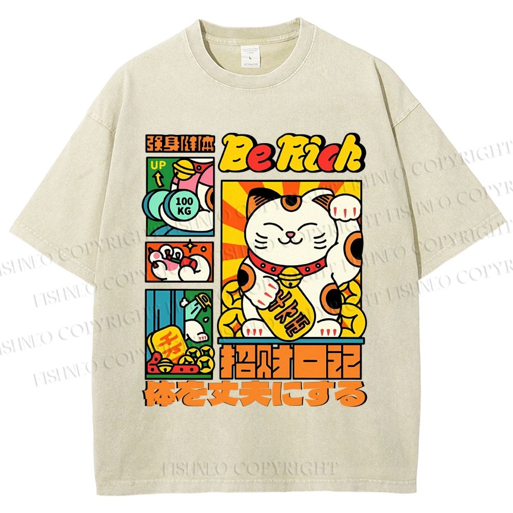 Unisex Cartoon Fortune Cat Printed Washed Tee