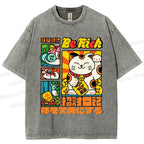 Unisex Cartoon Fortune Cat Printed Washed Tee