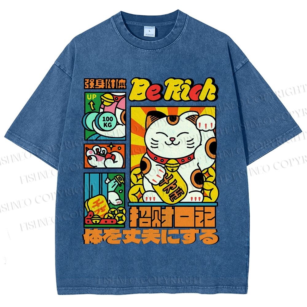 Unisex Cartoon Fortune Cat Printed Washed Tee