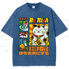 Unisex Cartoon Fortune Cat Printed Washed Tee