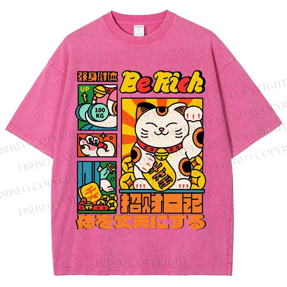 Unisex Cartoon Fortune Cat Printed Washed Tee