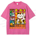 Unisex Cartoon Fortune Cat Printed Washed Tee