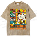 Unisex Cartoon Fortune Cat Printed Washed Tee