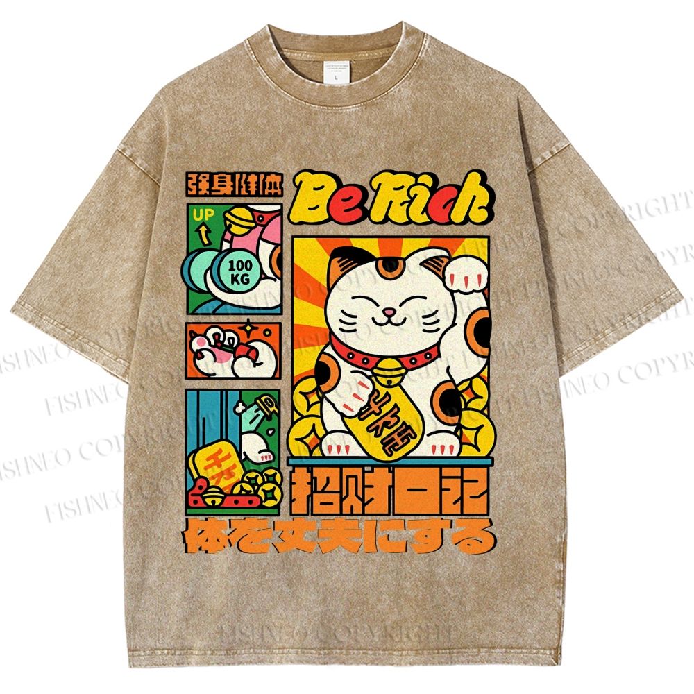 Unisex Cartoon Fortune Cat Printed Washed Tee