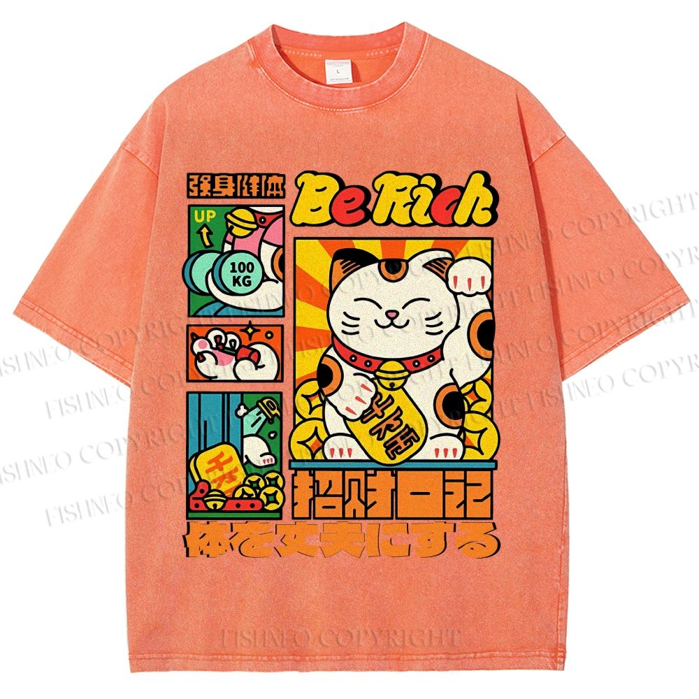 Unisex Cartoon Fortune Cat Printed Washed Tee
