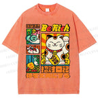 Unisex Cartoon Fortune Cat Printed Washed Tee