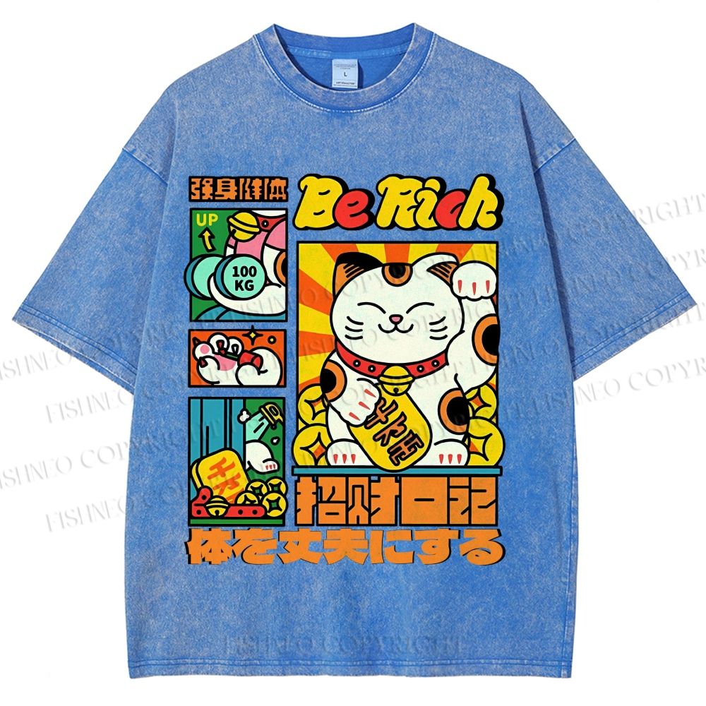 Unisex Cartoon Fortune Cat Printed Washed Tee