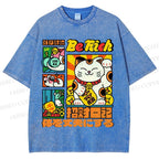 Unisex Cartoon Fortune Cat Printed Washed Tee