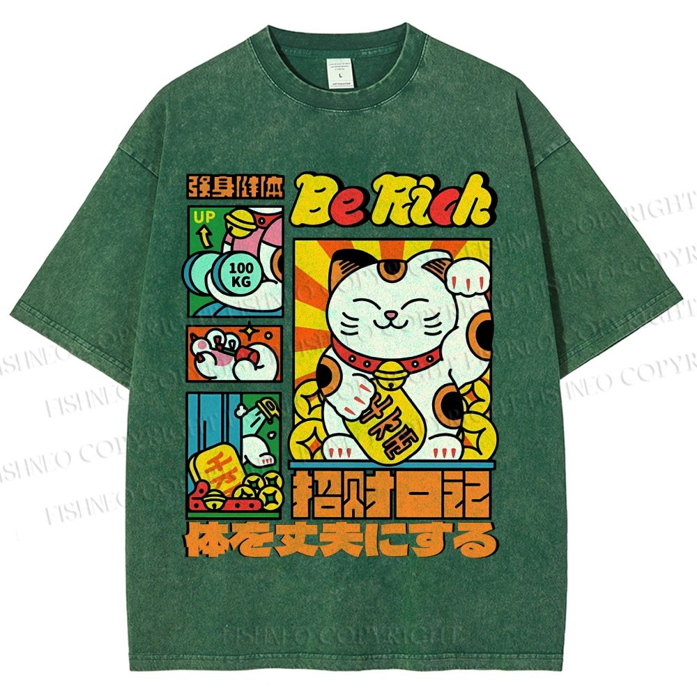 Unisex Cartoon Fortune Cat Printed Washed Tee