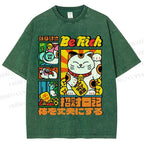 Unisex Cartoon Fortune Cat Printed Washed Tee