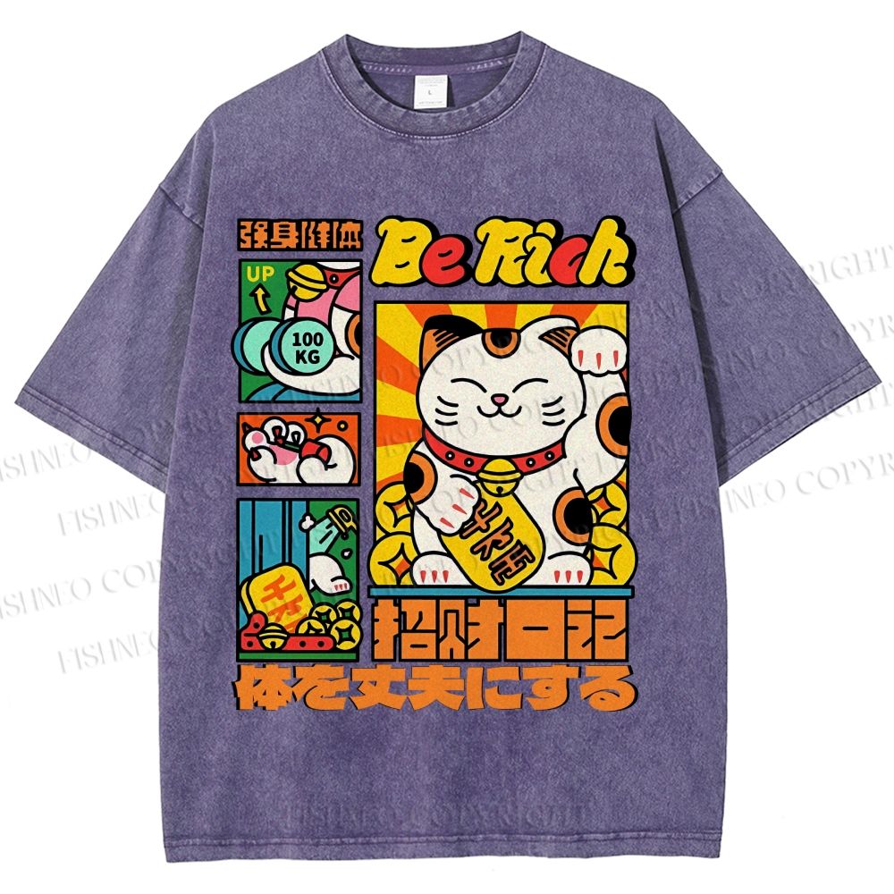 Unisex Cartoon Fortune Cat Printed Washed Tee