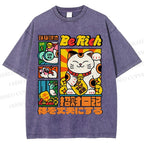 Unisex Cartoon Fortune Cat Printed Washed Tee
