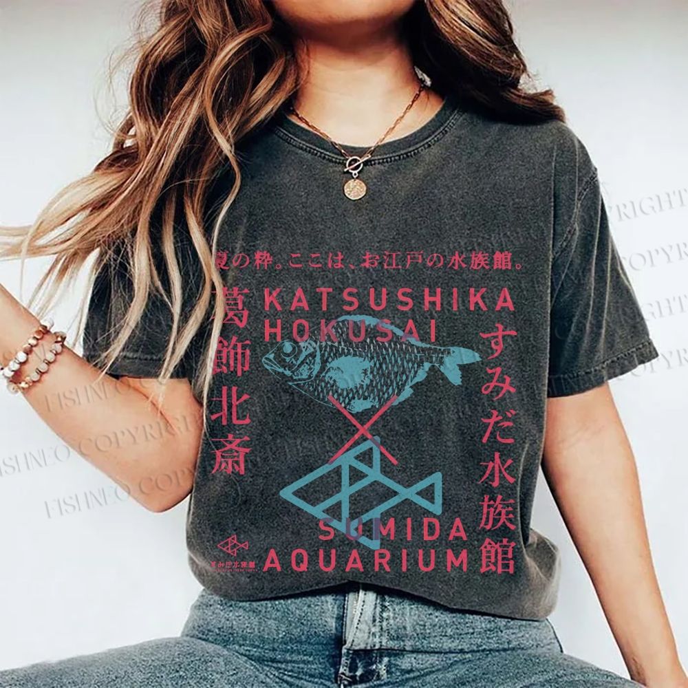 Unisex Japanese Aquarium Printed Washed Tee