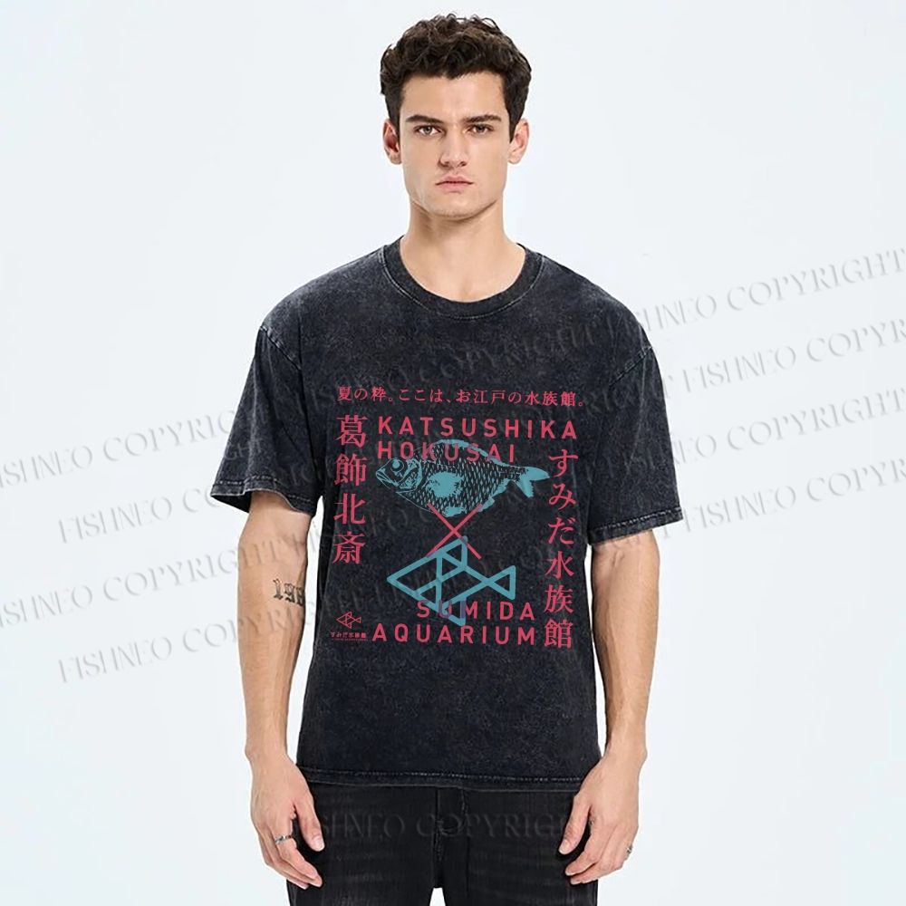 Unisex Japanese Aquarium Printed Washed Tee