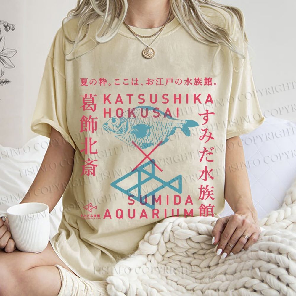 Unisex Japanese Aquarium Printed Washed Tee
