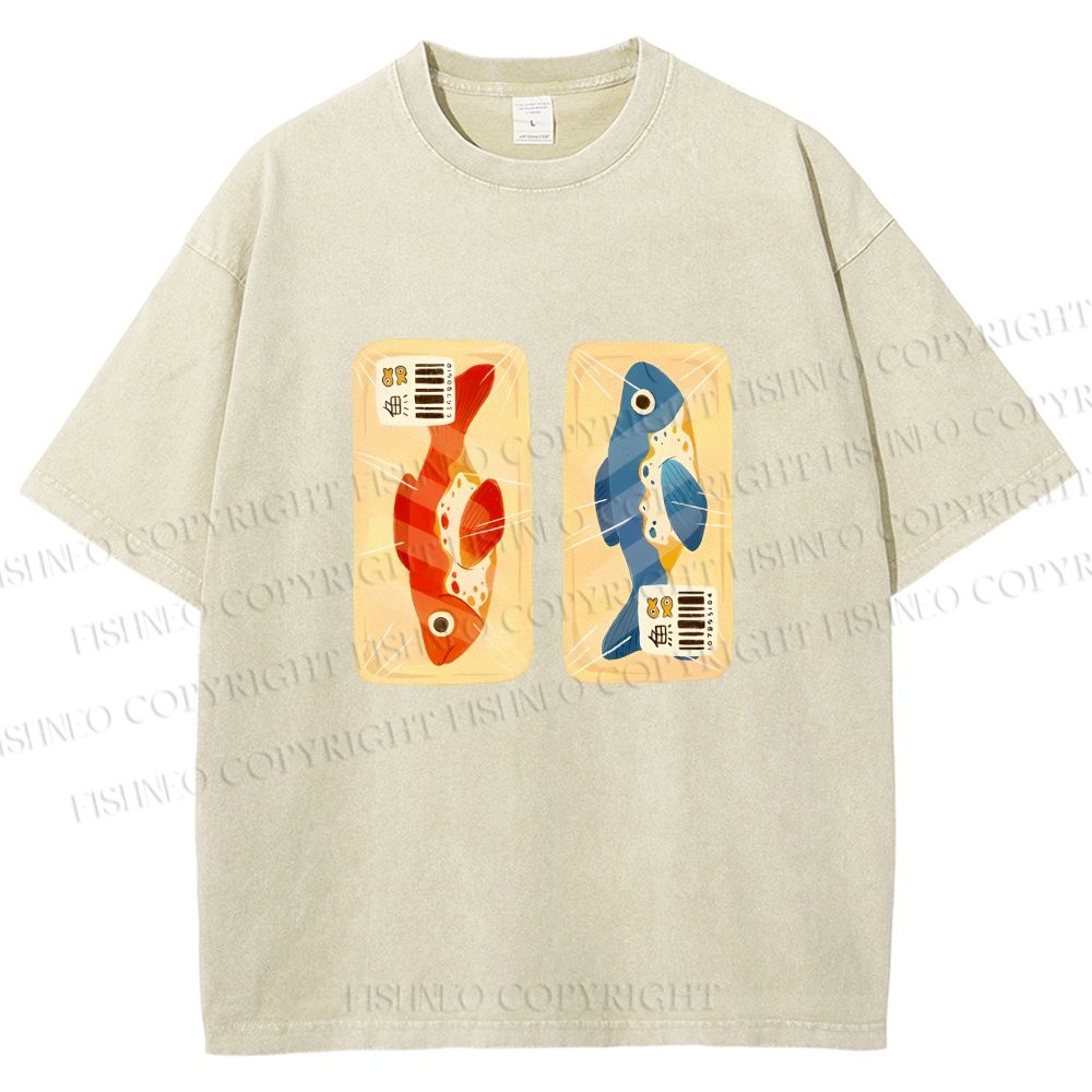 Unisex Cartoon Fish In Box Printed Washed Tee