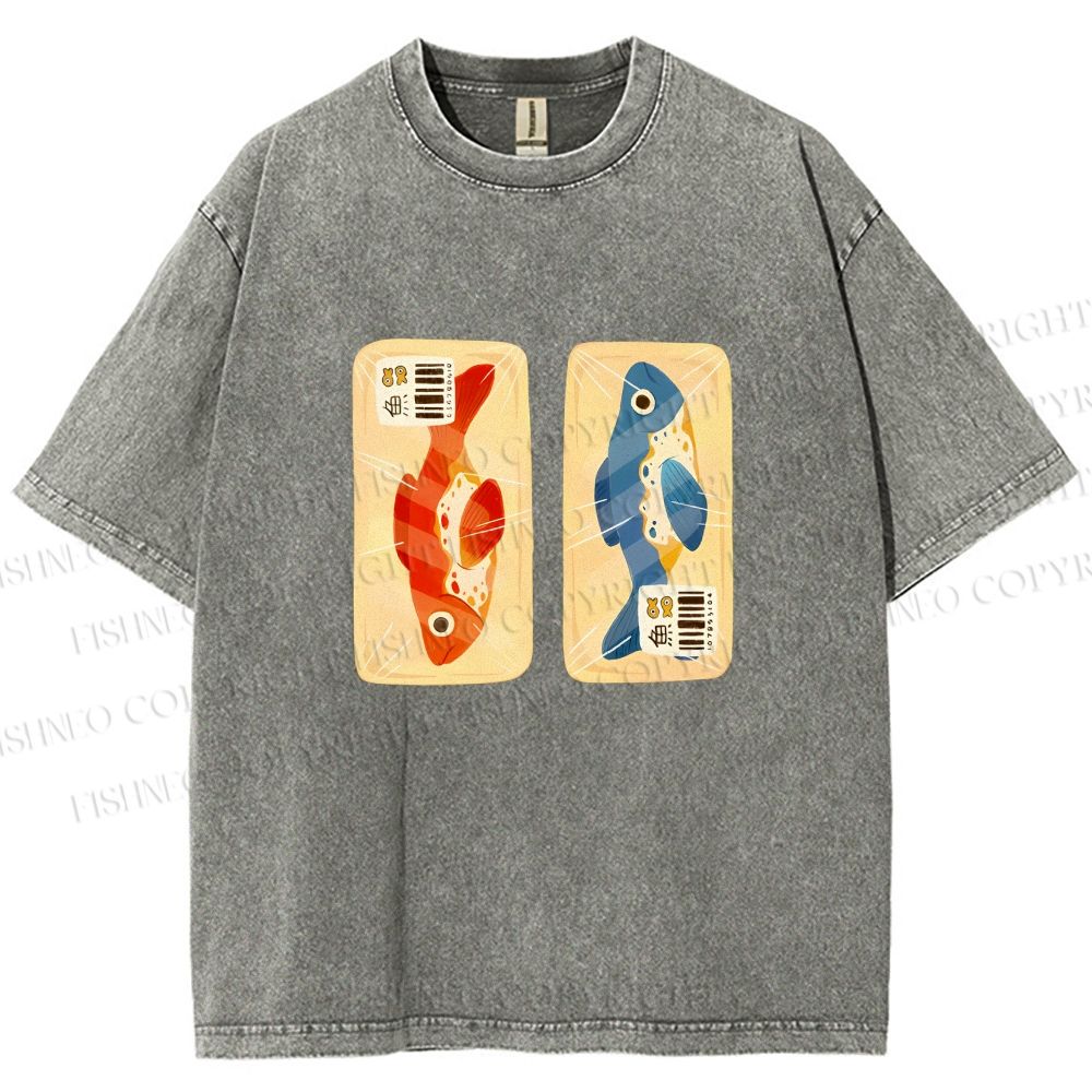 Unisex Cartoon Fish In Box Printed Washed Tee