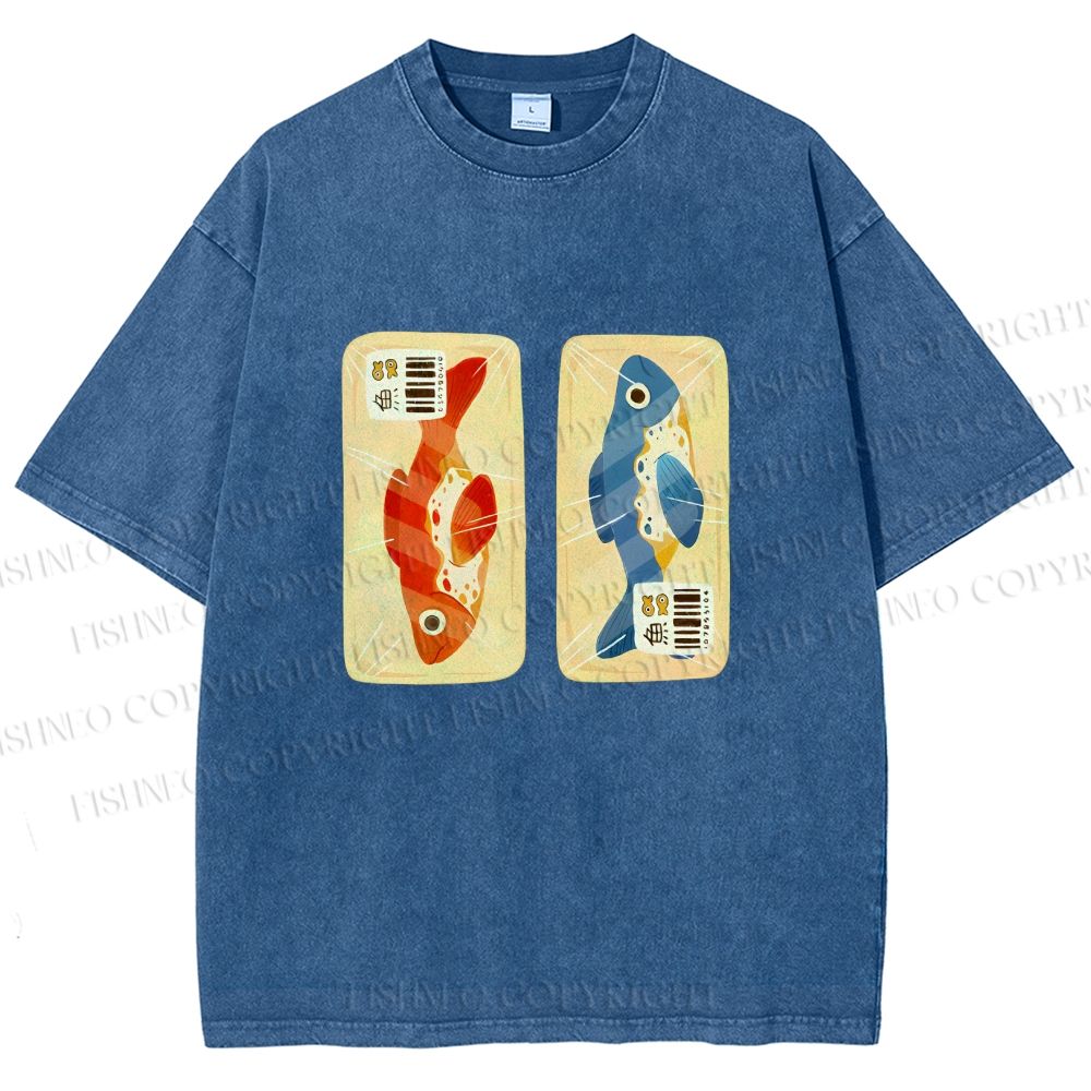 Unisex Cartoon Fish In Box Printed Washed Tee