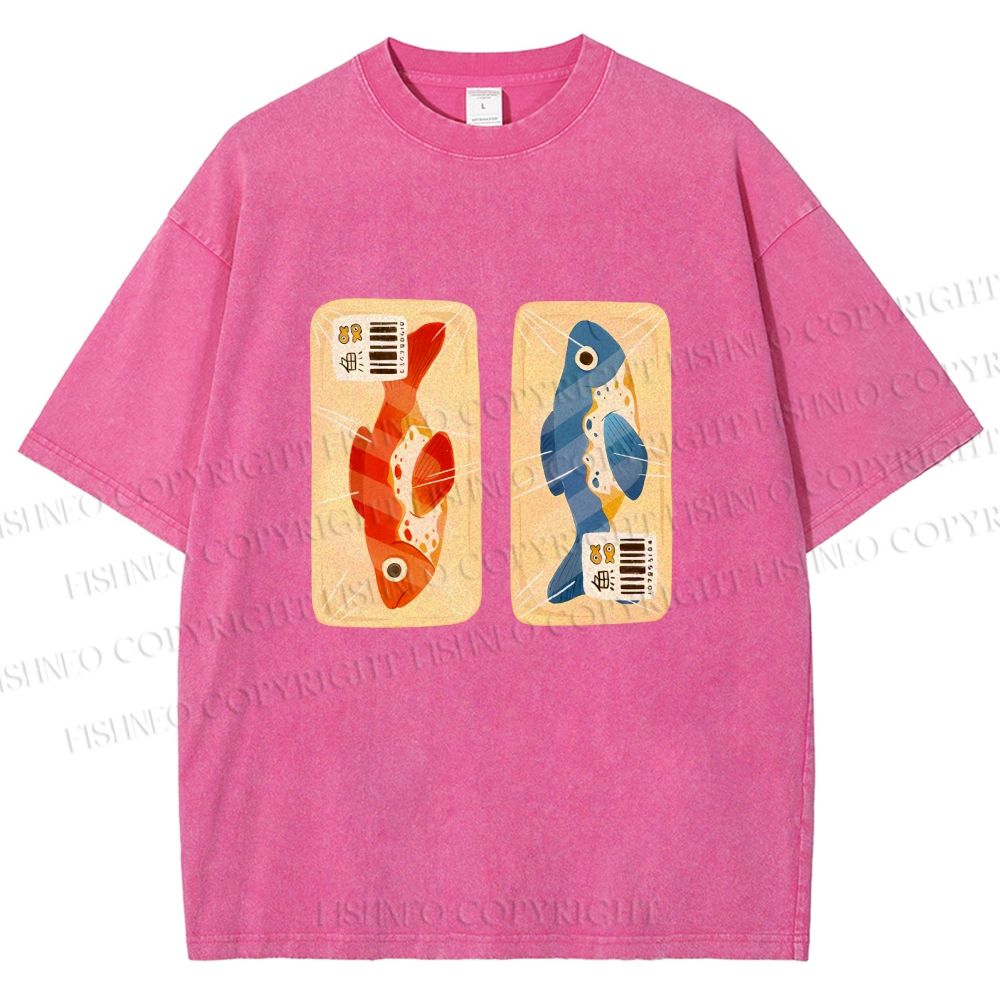 Unisex Cartoon Fish In Box Printed Washed Tee