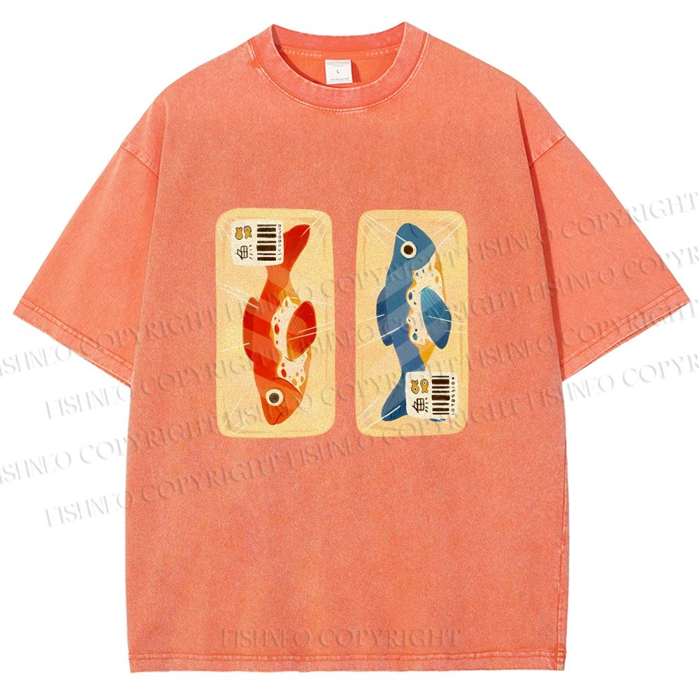 Unisex Cartoon Fish In Box Printed Washed Tee