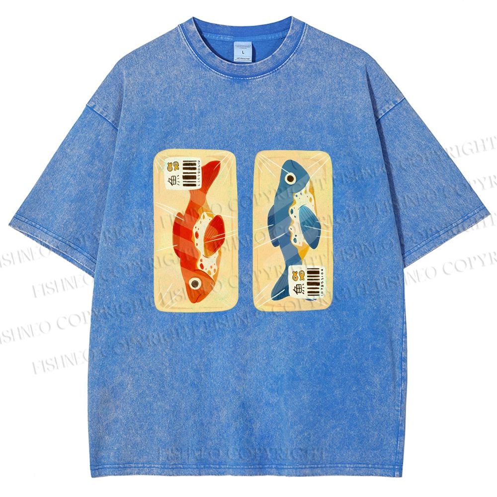 Unisex Cartoon Fish In Box Printed Washed Tee