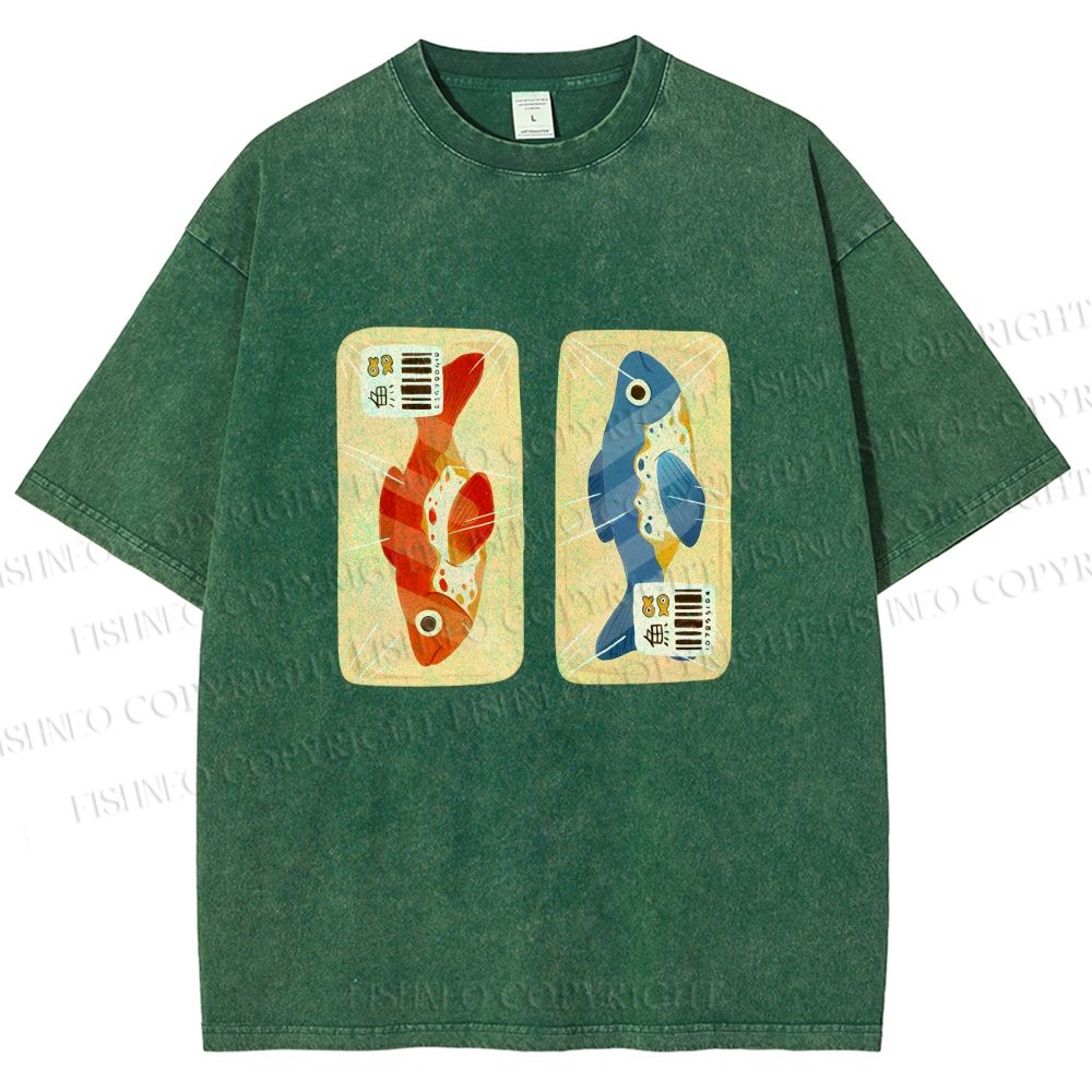 Unisex Cartoon Fish In Box Printed Washed Tee