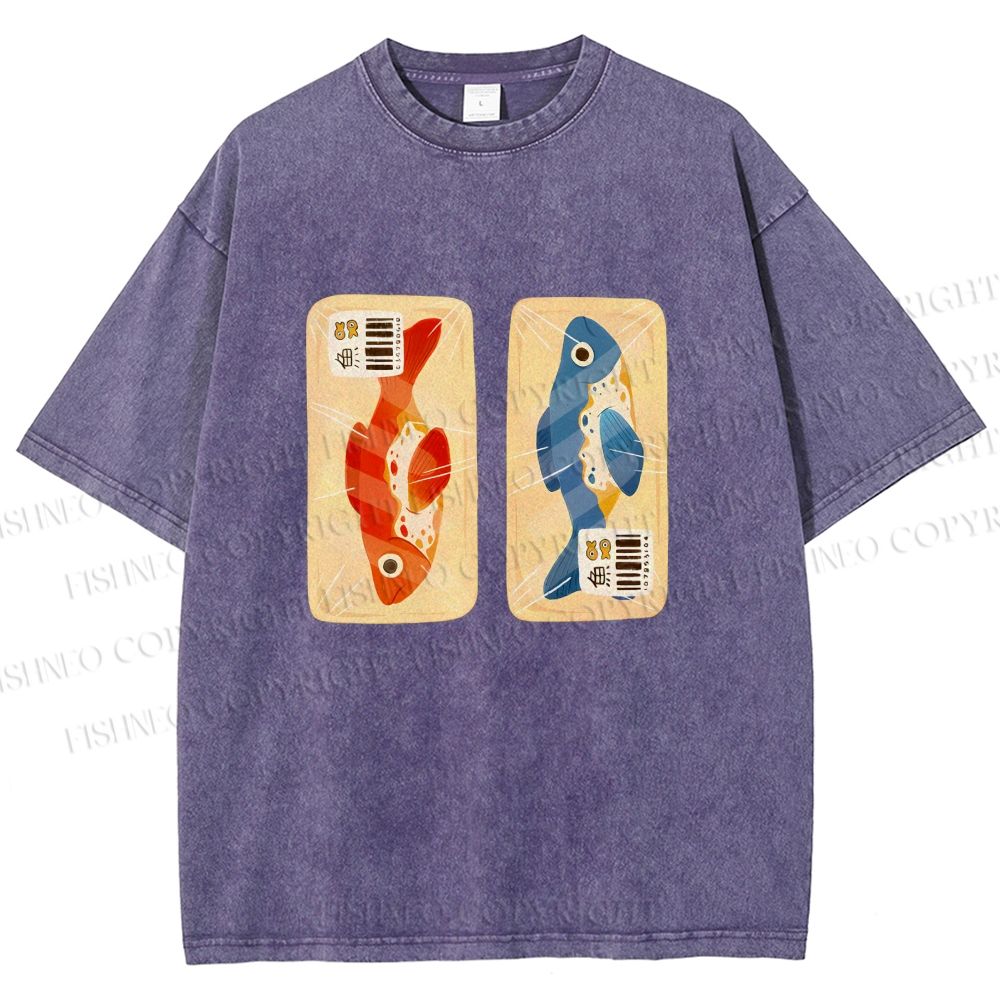 Unisex Cartoon Fish In Box Printed Washed Tee