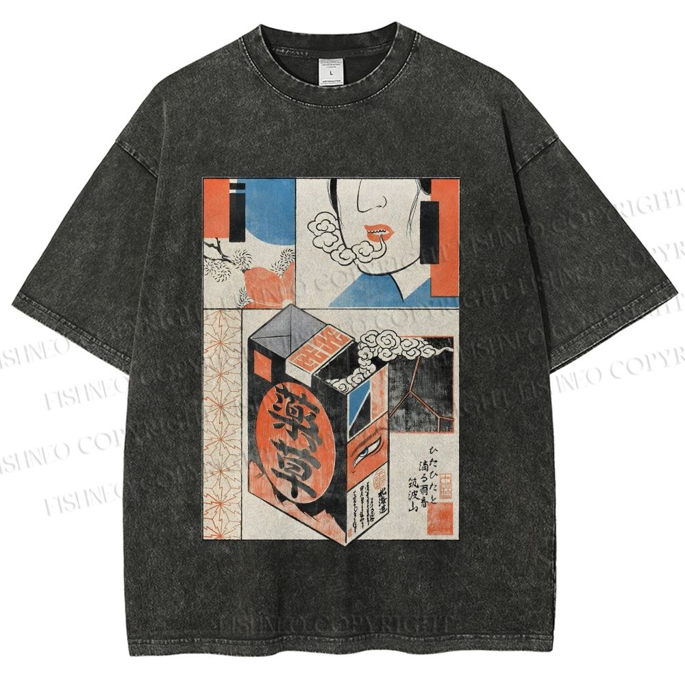 Unisex Vintage Japanese Art Printed Washed Tee