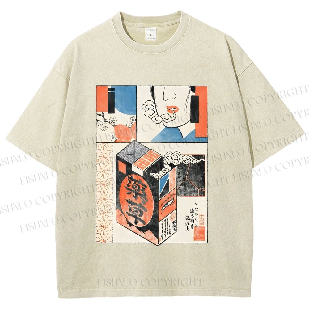 Unisex Vintage Japanese Art Printed Washed Tee