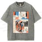 Unisex Vintage Japanese Art Printed Washed Tee