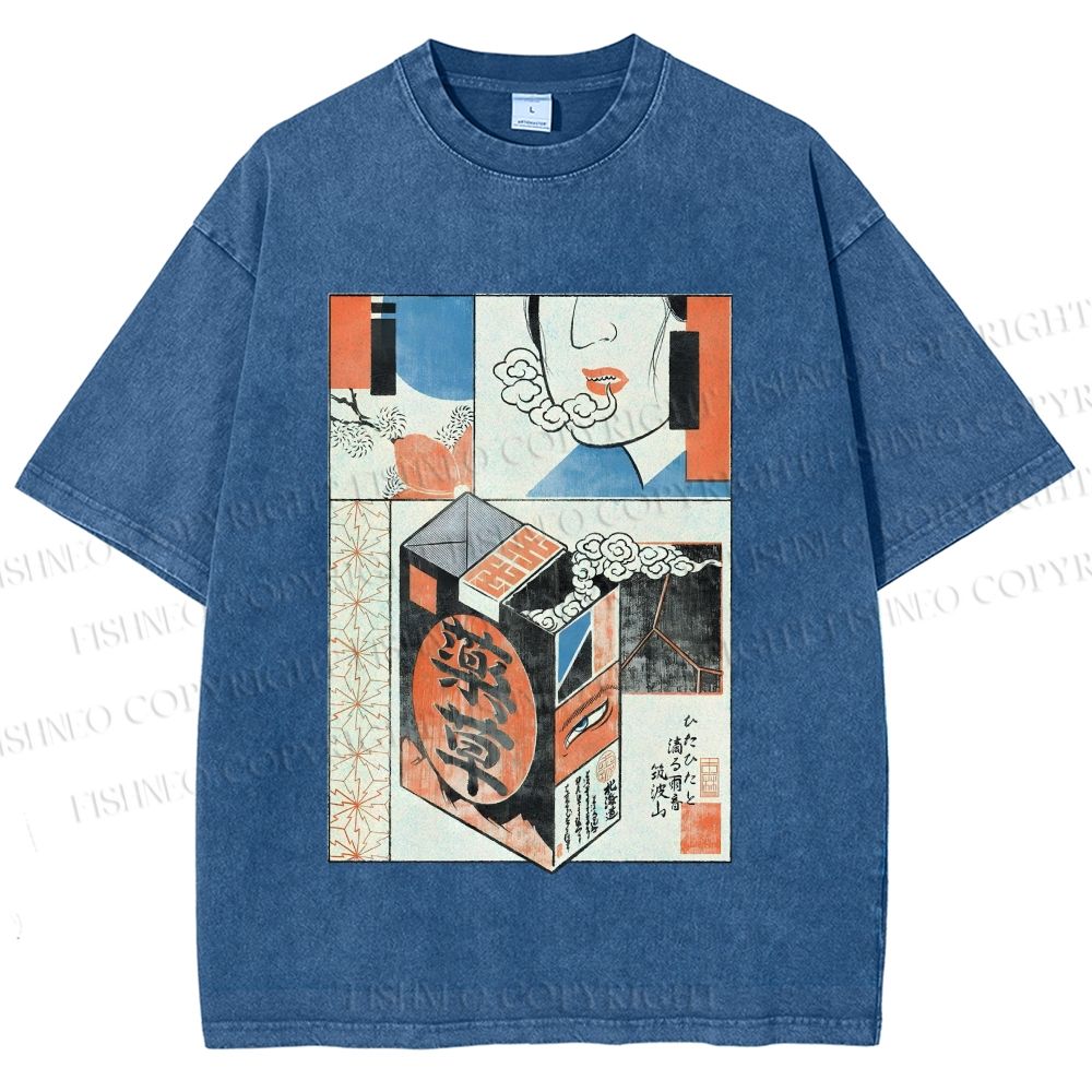 Unisex Vintage Japanese Art Printed Washed Tee