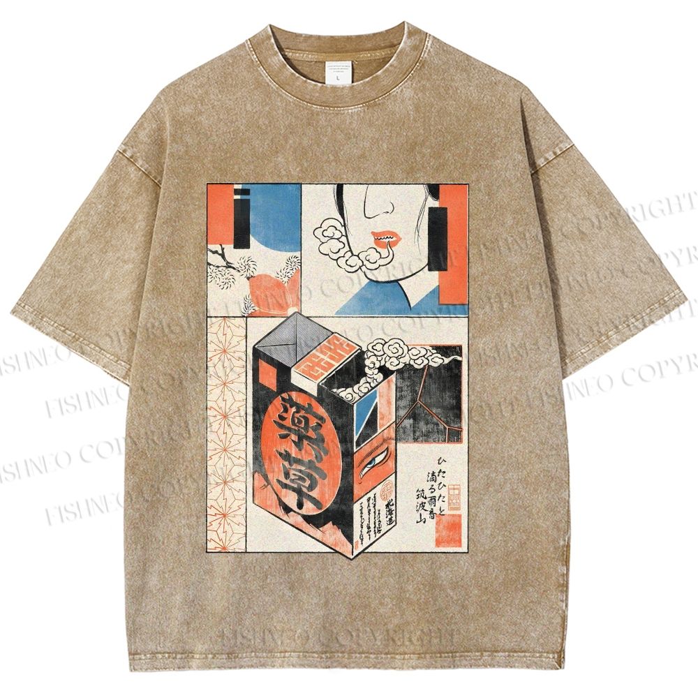 Unisex Vintage Japanese Art Printed Washed Tee
