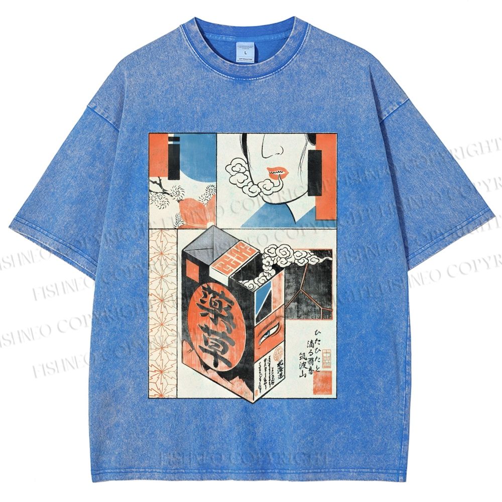 Unisex Vintage Japanese Art Printed Washed Tee
